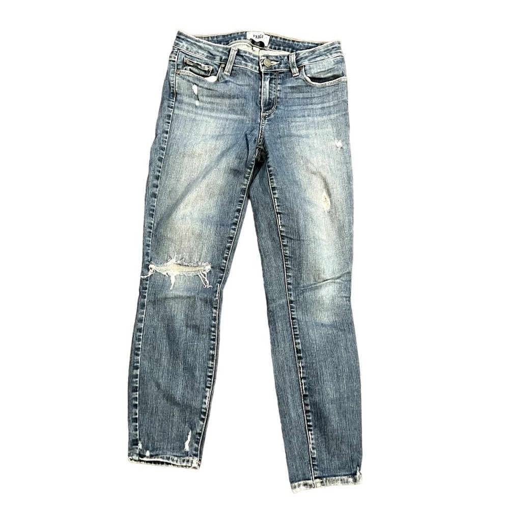 Paige Blue Medium Wash Cotton Blend Distressed Verdugo Crop Denim Jeans Size 28